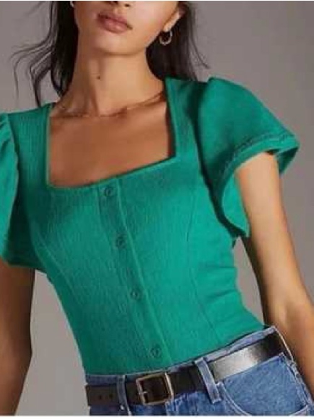 ANTHROPOLOGIE Dolan Women's Square Neck Button-Front Knit Top | Green | Sz M